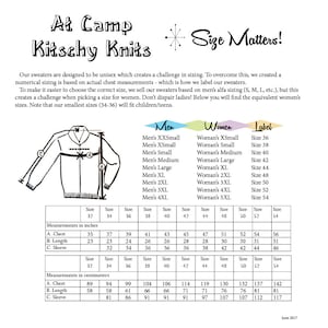 May include: A size chart from Kitschy Knits for unisex sweaters, with measurements in inches and centimeters. The chart includes men's and women's sizes, chest, length, and sleeve measurements, and a diagram of a sweater.