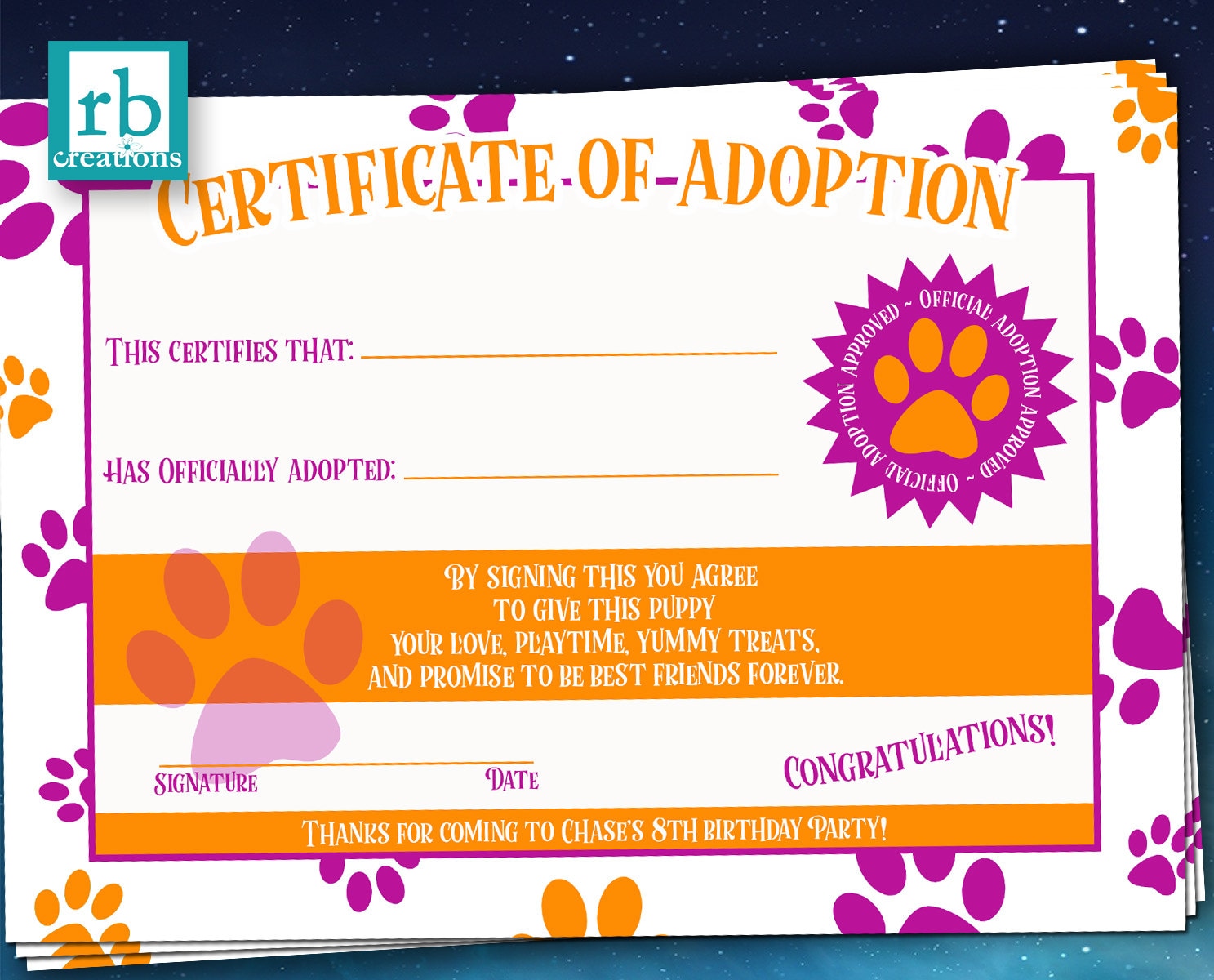 Puppy Party Adoption Certificate Puppy Birthday Puppy Birthday