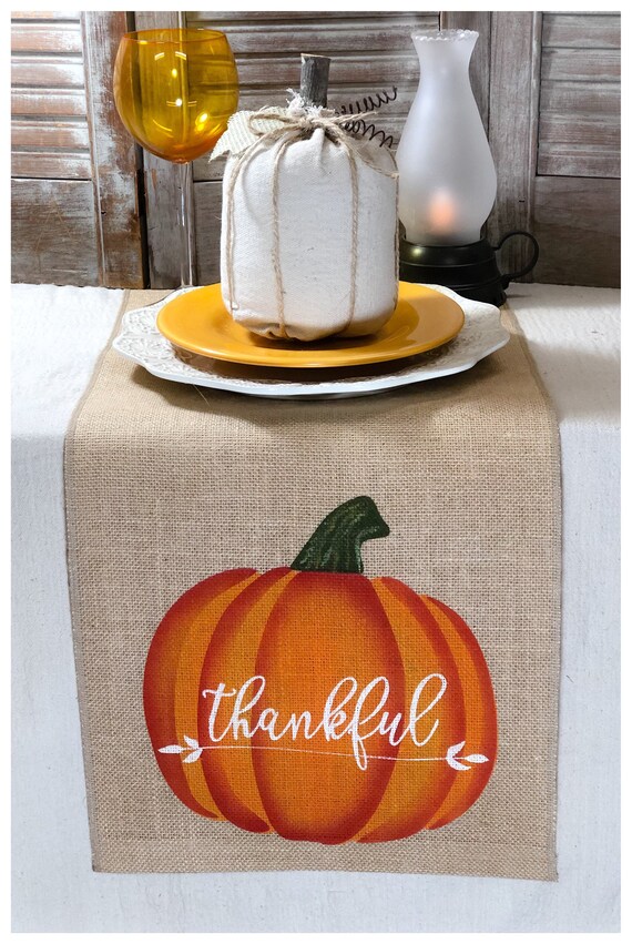 Burlap Table Runner With a Pumpkin and a Thankful Design on | Etsy