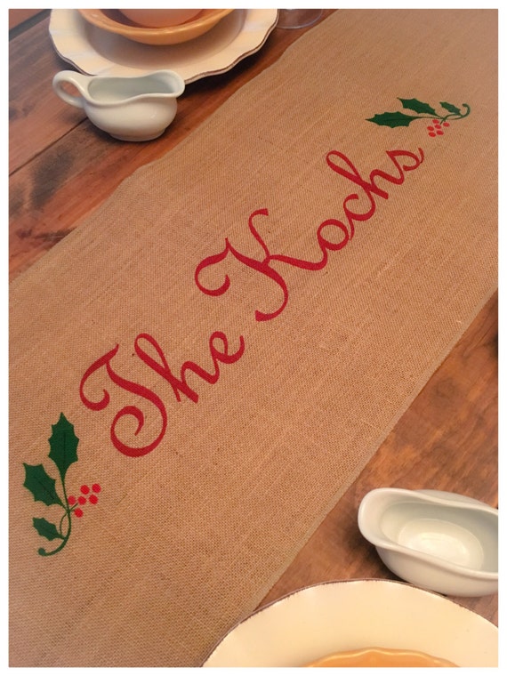 Burlap Table Runner Name Monogram With Holly Leaves and Etsy