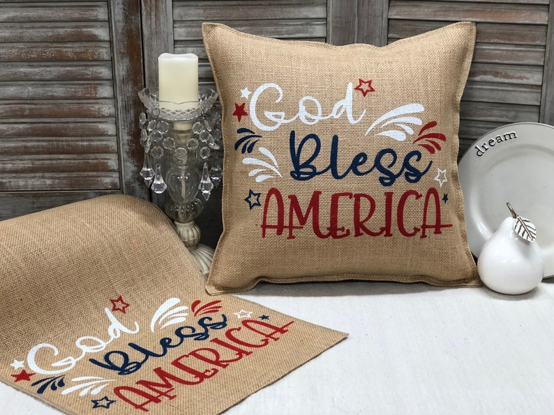Decorative Pillow with God Bless America on the front of the Etsy