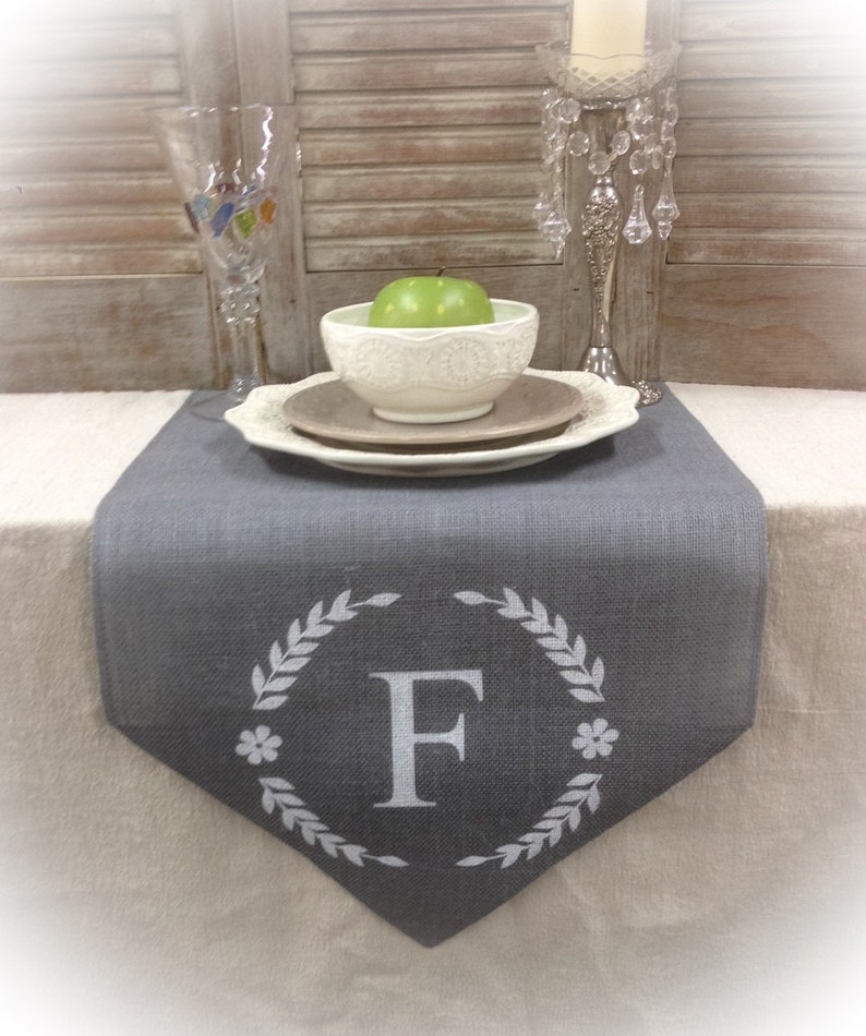 Grey Burlap Table Runner With Monogram Wedding Runner Home Etsy