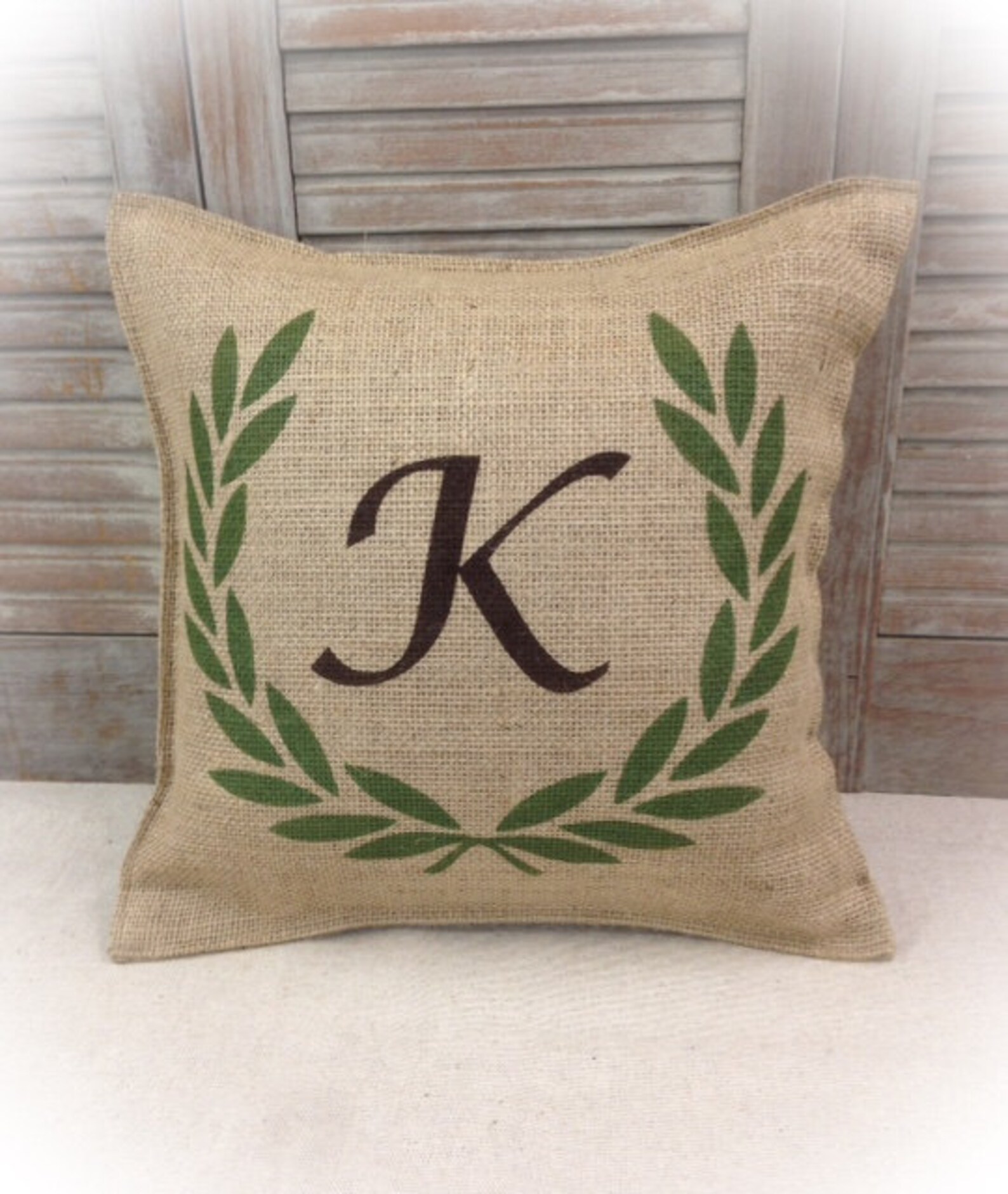 Burlap Pillow With Monogrammed With Your Initial & a Laurel Etsy