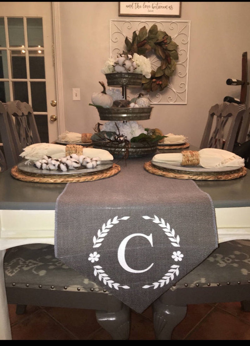 Grey Burlap Table Runner With Monogram Wedding Runner Home Etsy