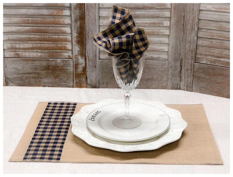 Burlap Placemat sets with a strip of Navy Blue & Tan plaid Etsy