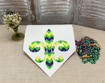 Mardi Gras Table Runner READY TO SHIP with a 3 color Fleur de Lis on both ends.