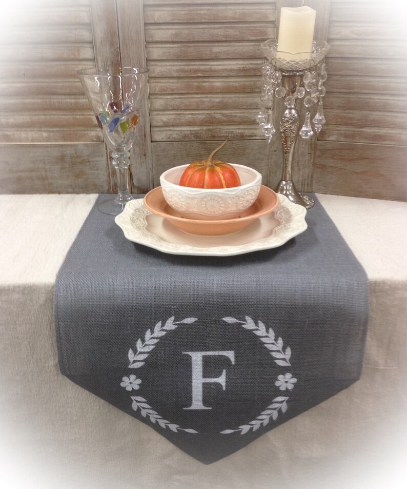 Grey Burlap Table Runner With Monogram Wedding Runner Home Etsy