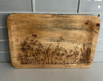 Mango Wood Tray w/ Laser Etched Botanicals, Natural