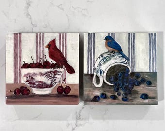 Láminas artísticas de cerezas cardenal y arándanos azules (cuadradas de 4,25 pulgadas)