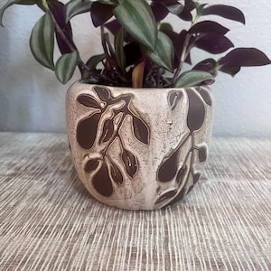 May include: A round ceramic planter with a cream-colored, textured base featuring dark brown, embossed leaf patterns. The pot contains a Tradescantia zebrina plant with purple and green striped leaves extending from the top opening.