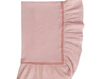Cotton Linen Tablecloth, Embroidered Trim, Ruffled Edge, Pink Coral (84"x60")