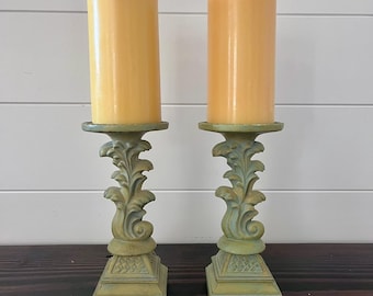 Vintage green pillar or candle stick holder set of 2