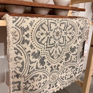 May include: Cream-colored rectangular rug with a detailed, symmetrical pattern in shades of gray and brown. The rug has a fringed edge and is displayed on a wooden shelf. The design features floral and geometric elements, creating a vintage or bohemian aesthetic.