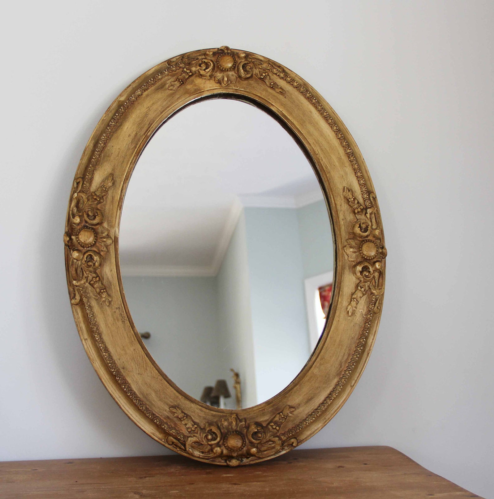 Antique oval wall mirror with carved wooden frame Etsy
