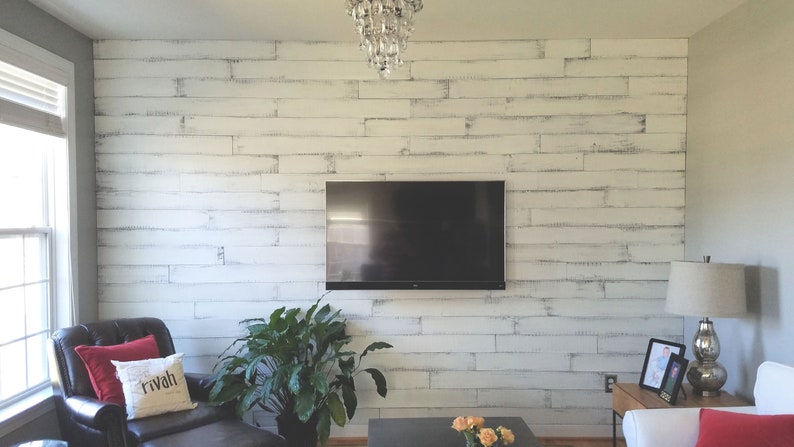 Shiplap Accent Wall in Multiple Colors Silver Gray and Medium Gray Farmhouse Wall Decor Shown in Pure White