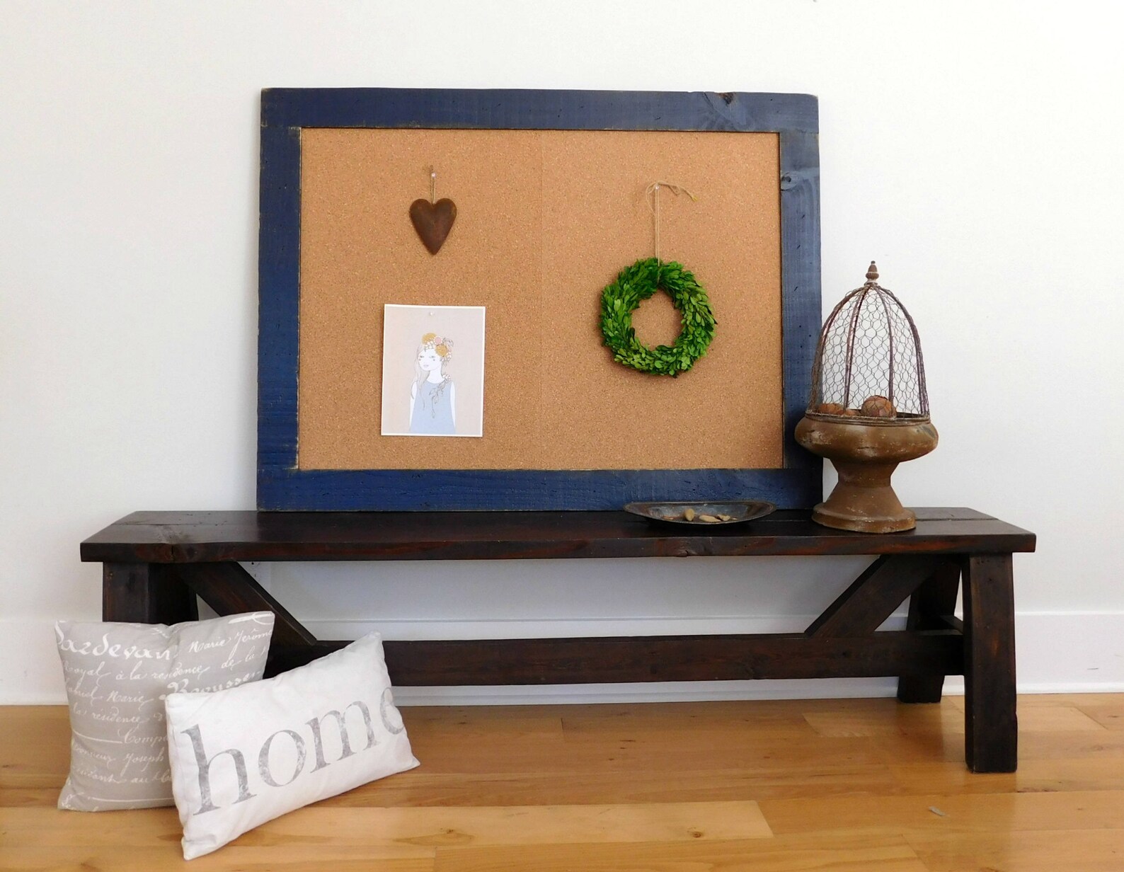 Rustic Bulletin Board Cork Message Board with Navy Blue Frame Etsy