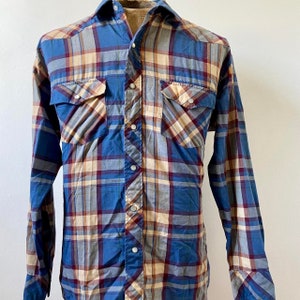 SIZE XL Vintage 1980 90s  Mens Plaid Shirt Western Form Fit Long Sleeve Cowboy Button Down Cotton Shirt Boho Folk Blue PLaid Flannel Shirt