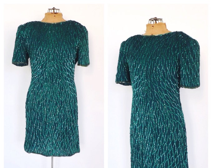 Vintage 1980s Laurence Kazar Emerald Green Sequin 20s Beaded - Etsy
