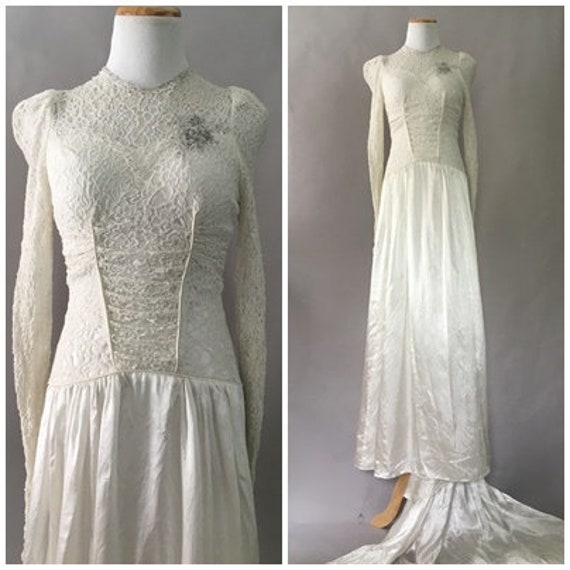 Vintage 1940s Ivory White Lace Wedding Gown 40s Pa