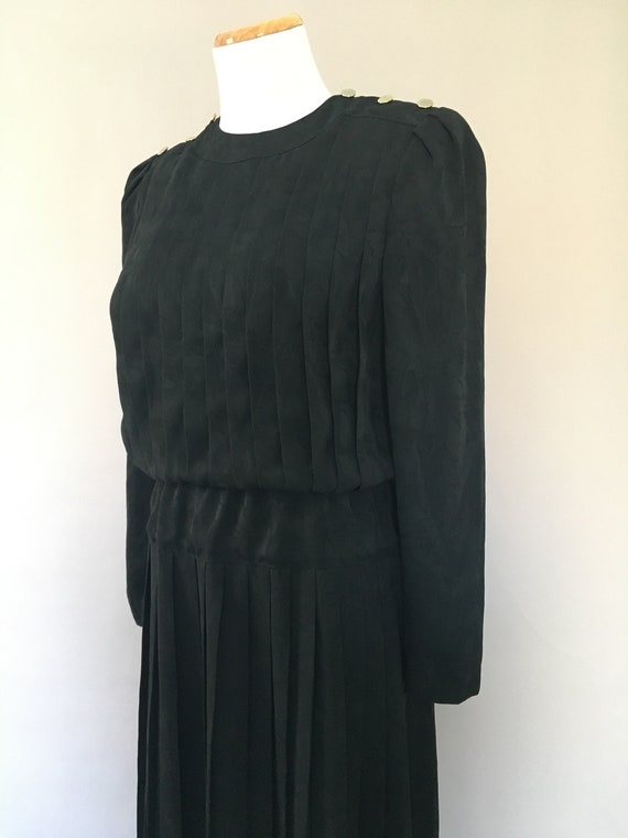 Vintage 1980s does 1940s Silky Black Dress Flirty… - image 6