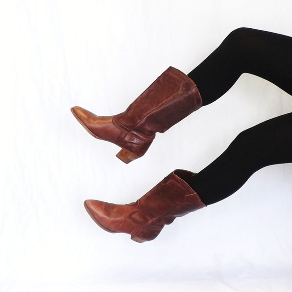 Size 10 Womens Cowgirl Boots Chestnut Brown Leather Wooden Heel Womens Midcalf  Boots Southwestern Rustic Country Cowboy Boots Boho