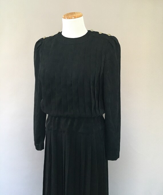 Vintage 1980s does 1940s Silky Black Dress Flirty… - image 7