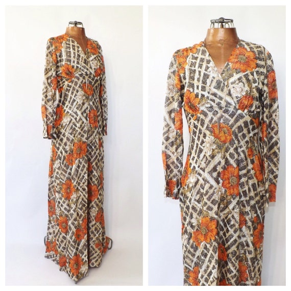 Vintage 1960s Metallic Lame Floral Mod Maxi Dress Glam Avon