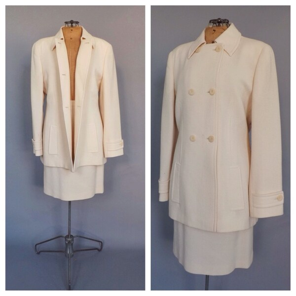 Para mujer Giorgio Armani Le Collezioni lana traje Vintage de 1980 dos pieza falda blanca marfil traje Armani Blazer chaqueta falda conjunto las señoras del diseñador