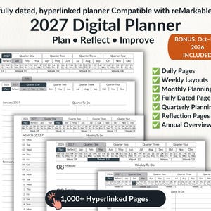 Könnte beinhalten: Ein digitaler Planer 2027 für reMarkable 2 mit verlinkten Seiten, Tages-, Wochen- und Monatslayouts, Quartalsplanung und Reflexionsseiten. Enthält einen Bonusbereich für Oktober bis Dezember 2026 mit über 1.000 verlinkten Seiten.