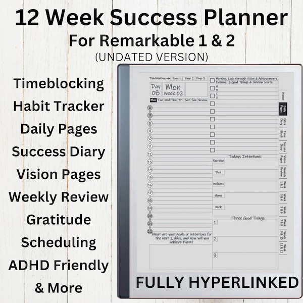 Remarkable 2 Template, 12 Week Digital Planner, Habit Tracker, Goal Tracker, Success Diary, Vision Tracker, Timeblocking, Daily Planner