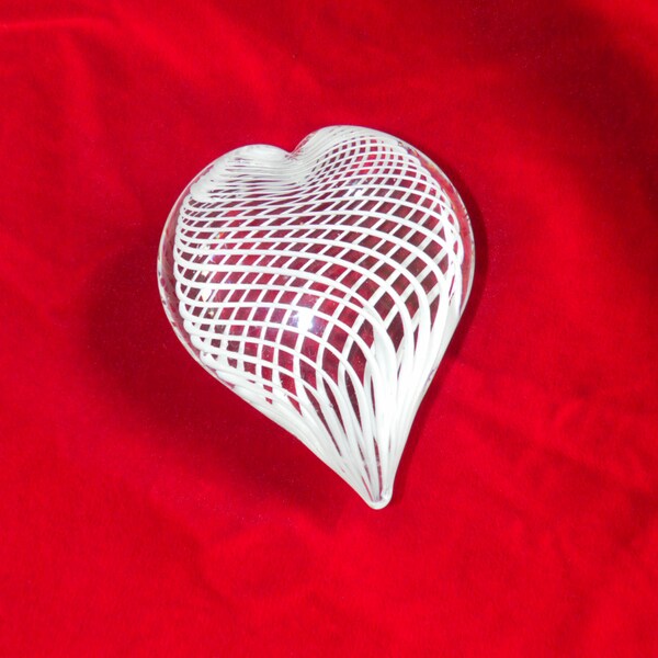Glass Heart Paperweight Swirl Design inside White Stripes Valentine Gift of Love