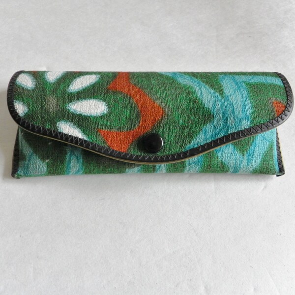 Vintage Hawaiian Tiki Barkcloth Eyeglass Glasses Case Blue Green Sunglasses Shades Mid Century Turquoise Green