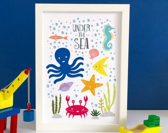 Sea Nursery Print, Sea Nursery Art, Nautische kwekerij kunst, Beach Nursery, Seaside print, kids wall art, Seahorse print, Fish print, kids wall