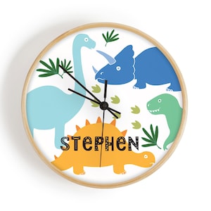 Personalised Wooden Dinosaur Clock, Bamboo Personalised clock, Nursery Clock, Dinosaur Theme Kids Room Decor, freestanding clock image 1