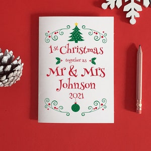 Tarjeta de Navidad para recién casados, Navidad para recién casados, Nuestra primera Navidad, Sr. y Sra. Navidad, Nuestra primera Navidad, Primera boda navideña para casados
