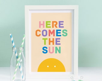 Hier komt de zon print, kinderkamer kunst aan de muur, babykamer, baby art print, zon print, zonneschijn, decor van de kinderkamer