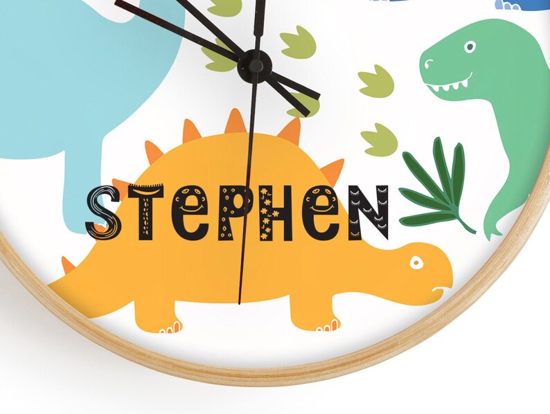 Personalised Wooden Dinosaur Clock, Bamboo Personalised clock, Nursery Clock, Dinosaur Theme Kids Room Decor, freestanding clock image 5