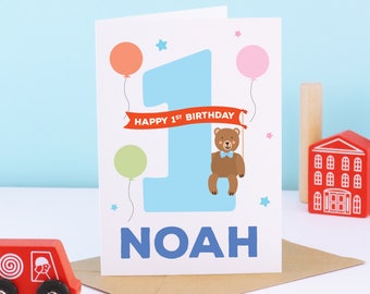 Carte de 1er anniversaire, carte d’ours de 1er anniversaire, carte d’animal de 1er anniversaire, carte de garçon personnalisée de 1er anniversaire, carte de premier anniversaire, carte d’animal