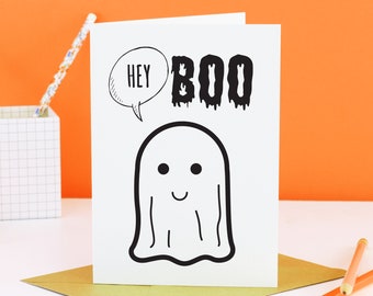 Cute ghost Halloween card for boyfriend, boyfriend halloween gift, halloween card for him, Hey Boo Card, Funny Halloween Card