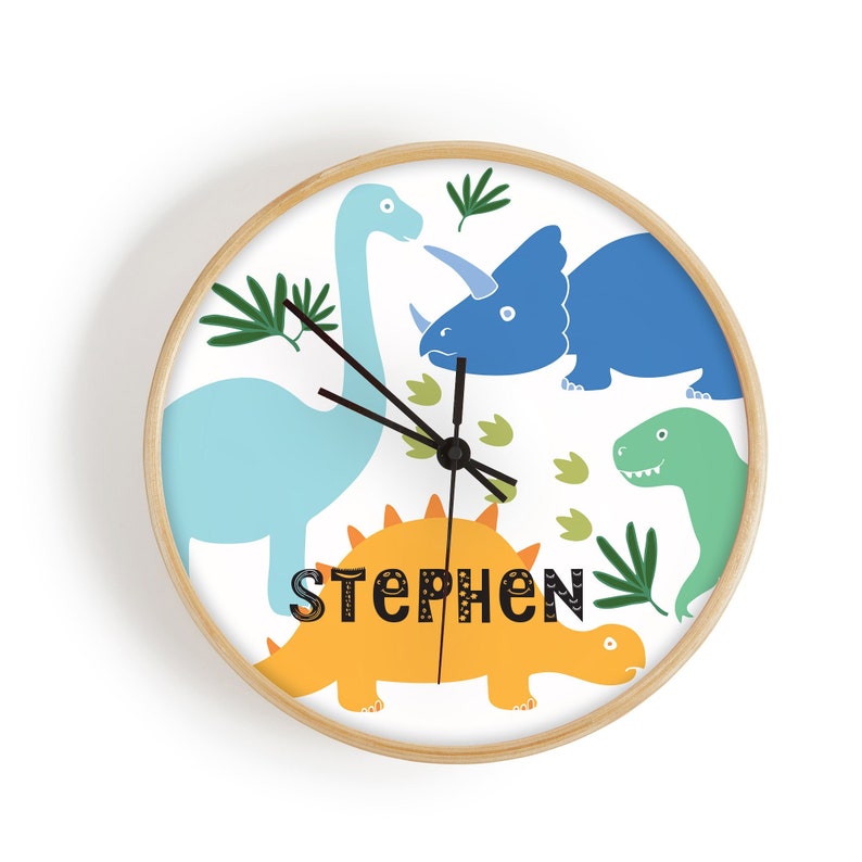 Personalised Wooden Dinosaur Clock, Bamboo Personalised clock, Nursery Clock, Dinosaur Theme Kids Room Decor, freestanding clock image 1