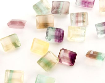 9x7mm Faceted Rectangle Rainbow Fluorite Gemstone, Emerald Cut Fluorite, Bi-color Fluorite, Natural Fluorite, 2 Pieces