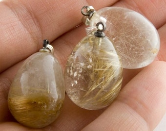 Vintage Rutilated Quartz Teardrop Pendants 24mm, Golden Rutile Quartz, Egg Shaped Drop, 1 Piece