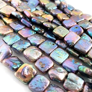 Square 9mm Peacock Grey Coin Pearl Beads, Rainbow Peacock Square Coin Pearls, Gray Coin Pearls, Full Drilled, 9mm Coin Pearls, 4 Pieces