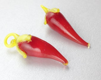 Vintage Glass Chilies Chili Pepper Beads Drops Pendants, 20mm, Vegetable Beads, 1 Pair