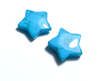 May include: Two turquoise blue star-shaped beads with a hole in the centre. The beads have a marbled pattern.