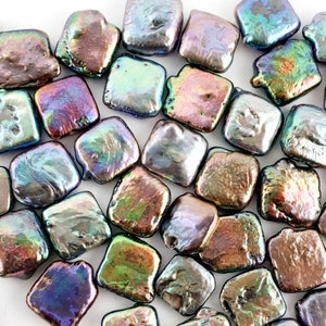 10-11mm Peacock Grey Square Coin Pearl Bead, Rainbow Peacock Square Coin Pearls, Blue Peacock Coin Pearl, Full Drilled, Coin Pearl, 4 Pieces