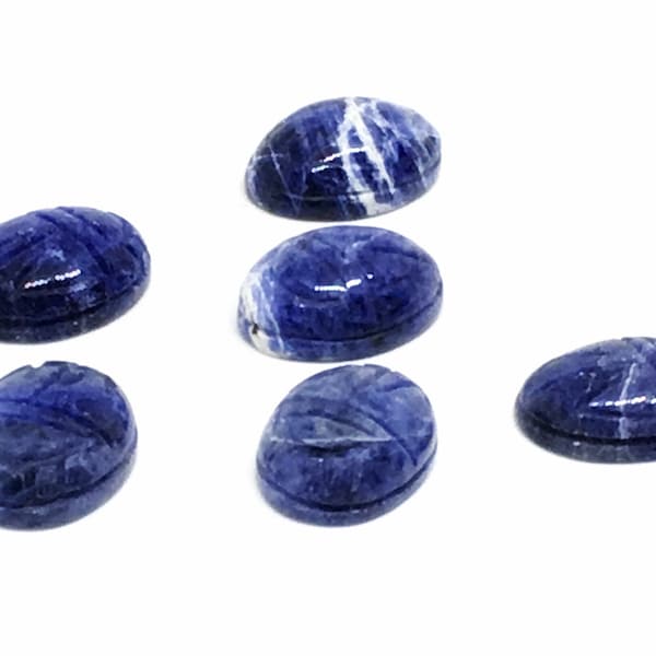 Scarab 14x10 mm Natural Blue Sodalite Oval Cabochons, Hand Etched, Lapis Blue Sodalite Scarab,  Hand Carved Scarab, Gemstone Scarab, 2 Piece