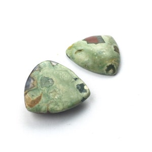 May include: Two green, brown, and white triangular shaped stones with a mottled pattern.