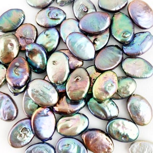 Peacock Black Oval Coin Pearls, High Luster Pearls, Good Quality Oval Peacock Coin Pearl, Rainbow Oval Coin Pearls, 13x10mm, 2 Pieces