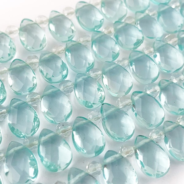 Faceted Aqua Quartz Briolette Teardrop Beads, 12mm, Blue Quartz Faceted Drop, Aquamarine Hydro Quartz Teardrop, Side Drilled, 6 Pieces